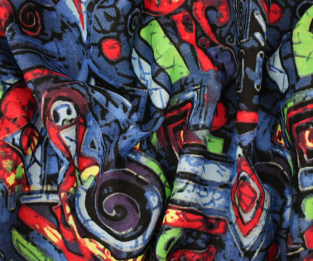 Blue-Red-Multi Abstract Geometry Art Pattern Printed Linen Woven Fabric - Image 2