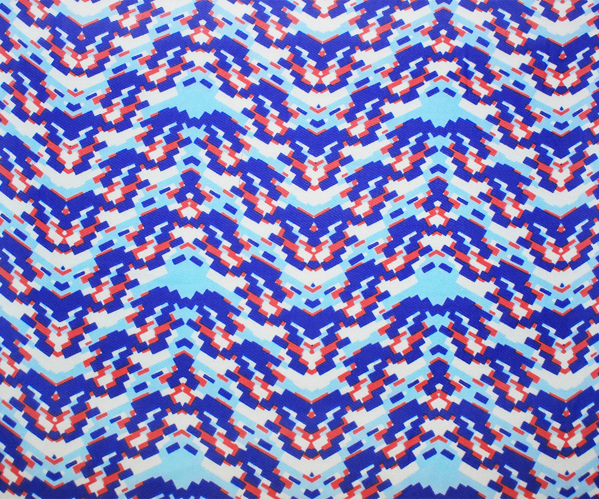 Blue-Red-White Poly Pixel Chevron Printed Chiffon Woven Fabric - Image 3