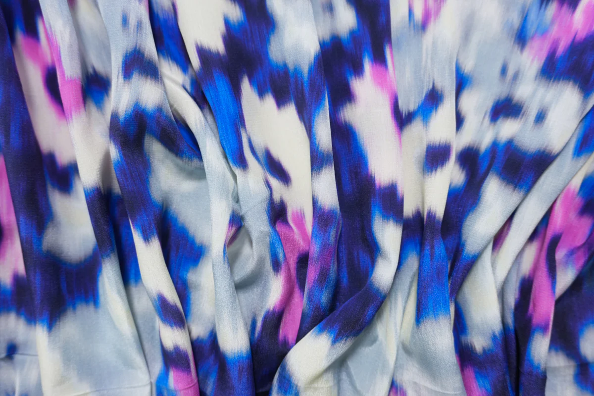 Blue Silk Abstract Floral Printed Crepe De Chine Woven Fabric - Image 3