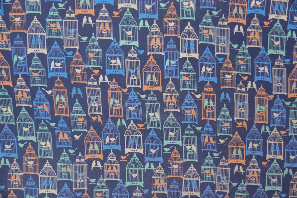 Blue Silk Birdcage Printed Crepe De Chine Woven Fabric - Image 4