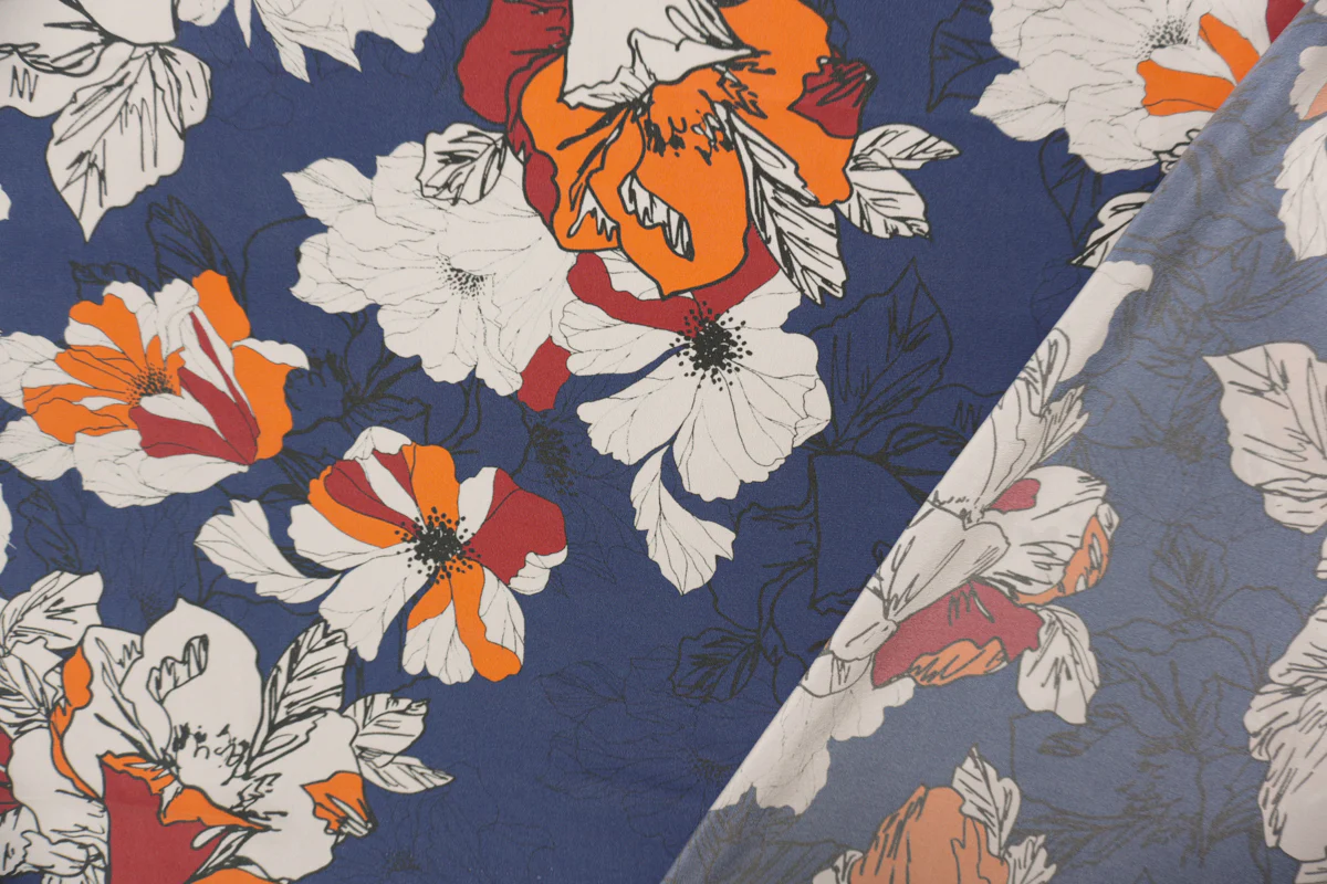 Blue Silk Floral Printed Crepe De Chine Woven Fabric - Image 2