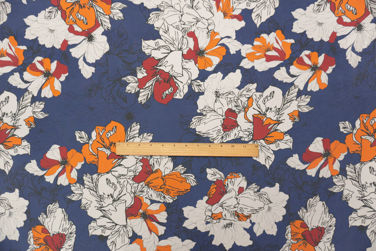 Blue Silk Floral Printed Crepe De Chine Woven Fabric - Image 5