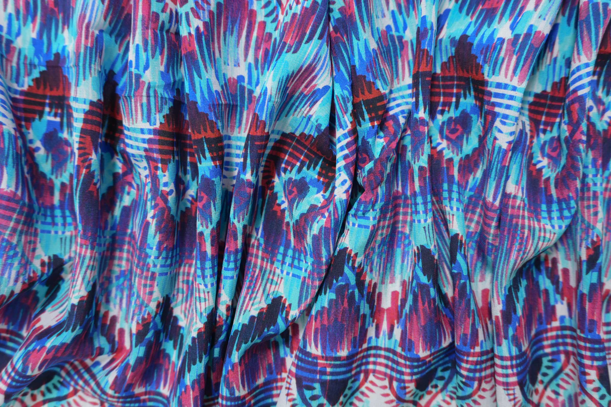 Blue Silk Peacock Tribal Printed Crepe De Chine Woven Fabric - Image 3