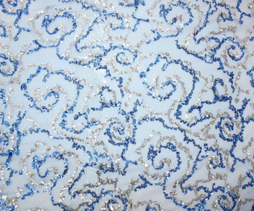 Blue-Silver Nylon Sequined Abstract Swirl Mesh Tulle Fabric - Image 3