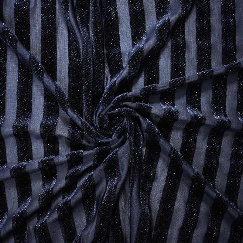 Blue-Sliver Poly Burnout Stripe Stretch Velvet Mesh Knit Fabric