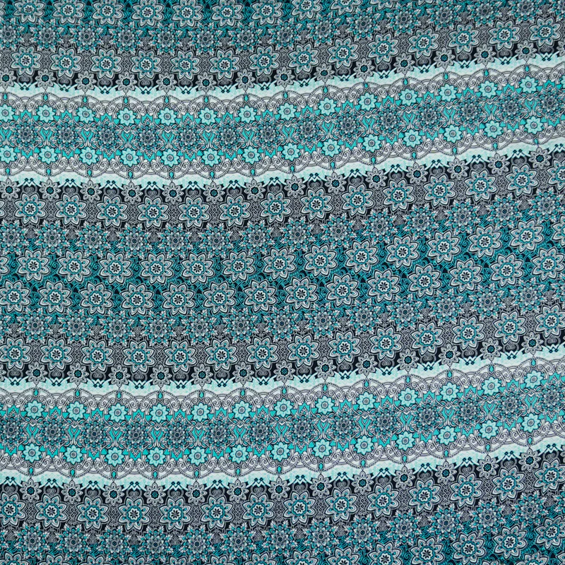 Blue-Teal-White Rayon Floral Moroccan Printed Challis Woven Fabric