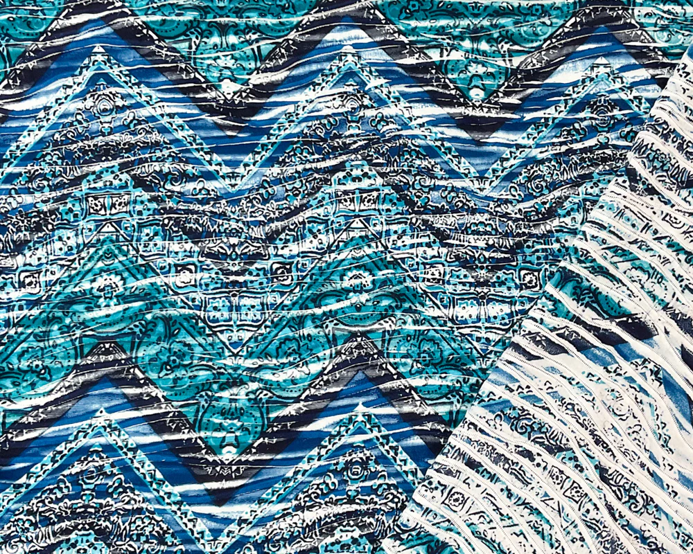 Blue-Turquoise Poly Chevron Baroque Print Knife Pleat Knit Fabric - Image 2