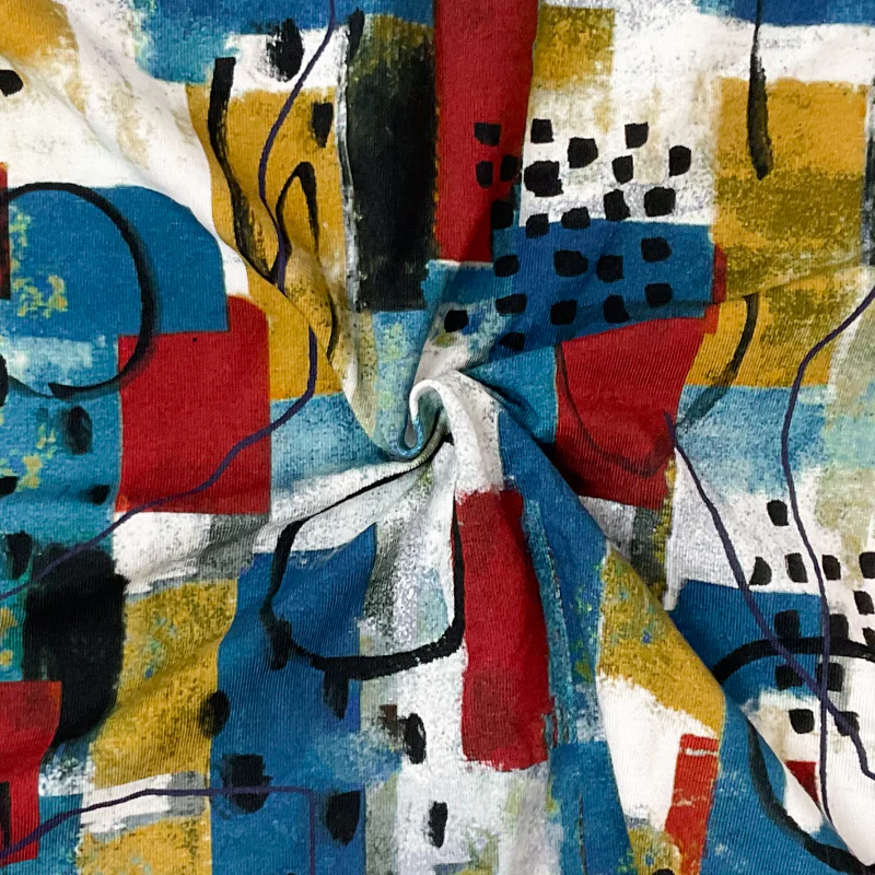 Blue-White-Multi Cotton Abstract Printed Jersey Knit Fabric