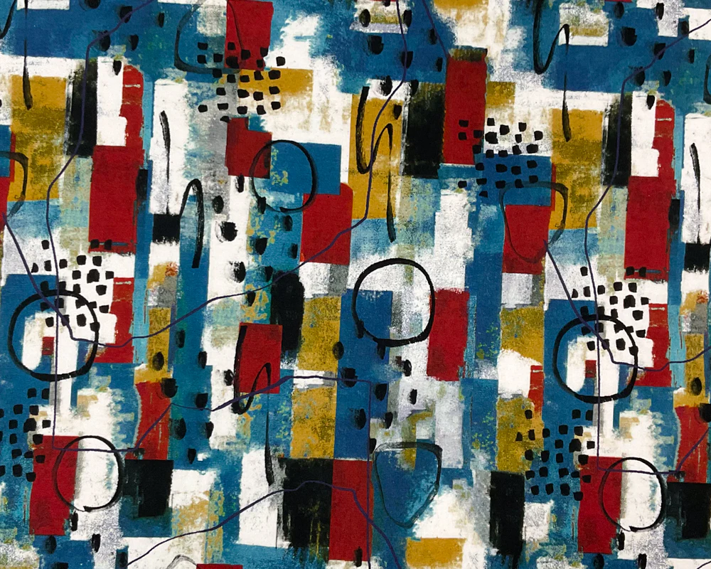 Blue-White-Multi Cotton Abstract Printed Jersey Knit Fabric - Image 3