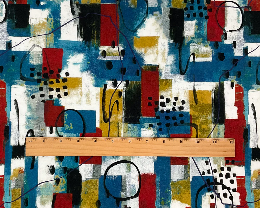 Blue-White-Multi Cotton Abstract Printed Jersey Knit Fabric - Image 4
