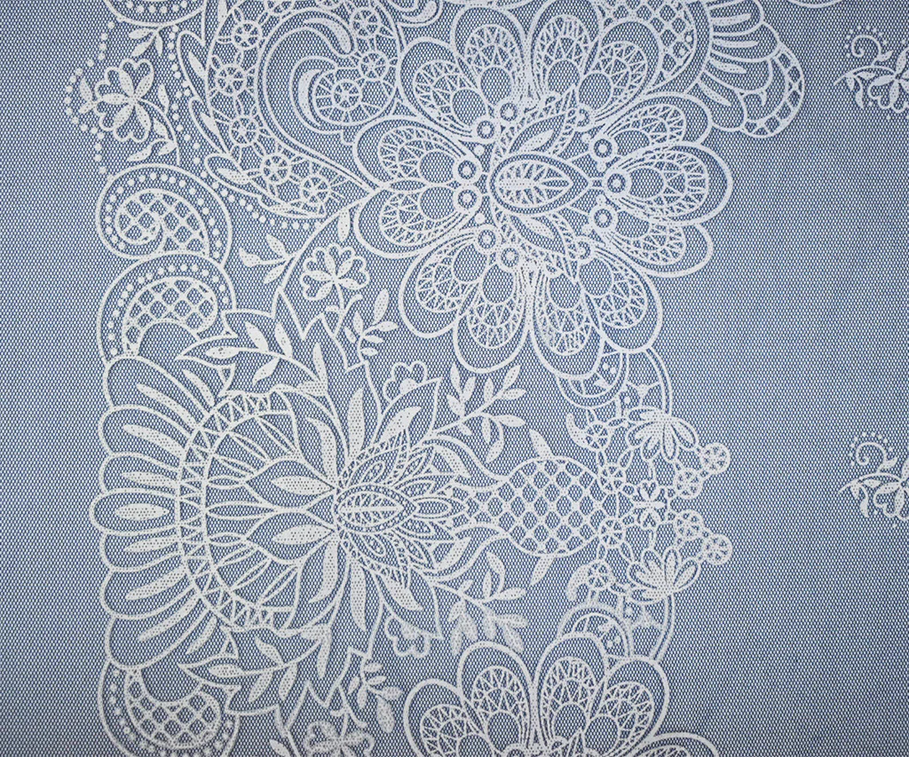 Blue-White Nylon Floral Border Printed Mesh Tulle Knit Fabric - Image 4