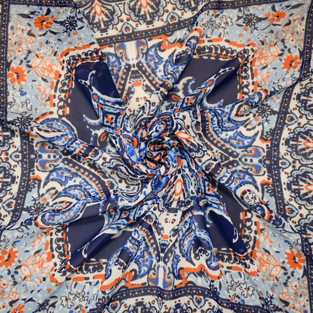 Blue-White-Orange Poly Moroccan Bandana PANEL Printed Chiffon Woven Fabric