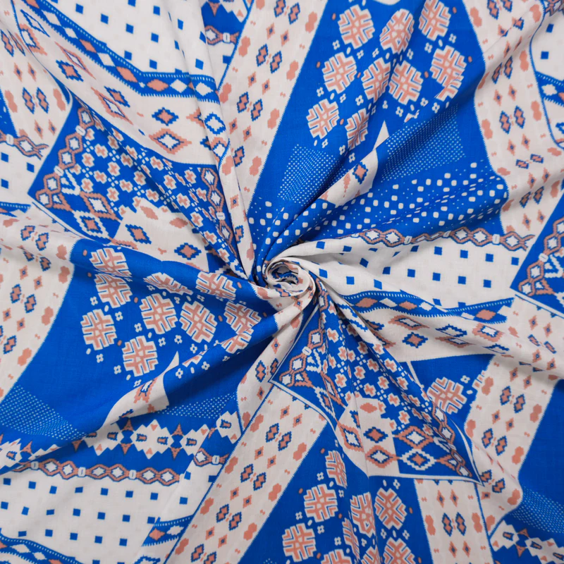 Blue-White-Orange Rayon Aztec Printed Voile Woven Fabric