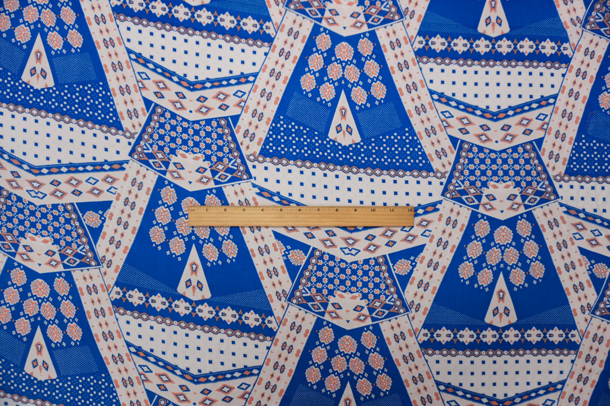 Blue-White-Orange Rayon Aztec Printed Voile Woven Fabric - Image 4