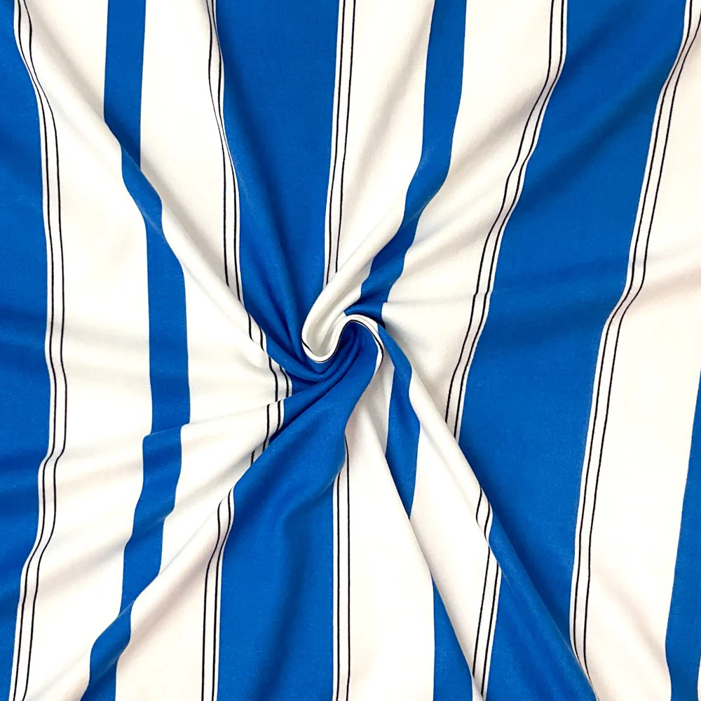 Blue-White Poly Spandex Stretch Vertical Stripe Print DB Jersey Knit Fabric