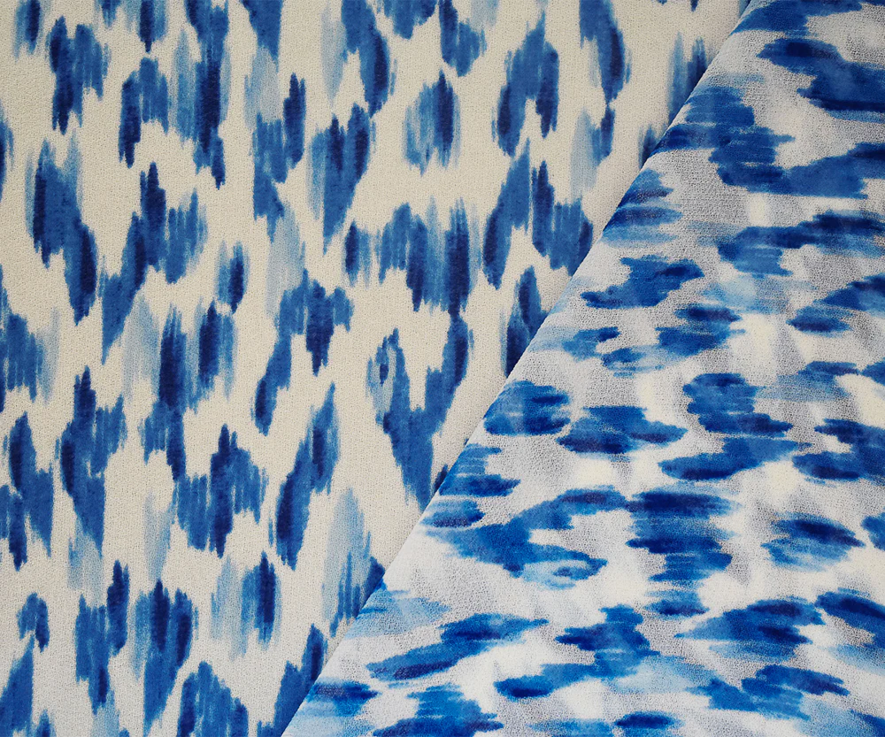 Blue-White Watercolor Ikat Pattern Printed Pebble Chiffon Fabric - Image 2