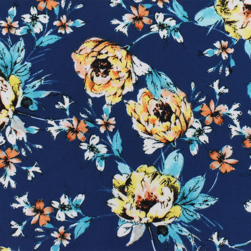 Blue-Yellow-Multi Poly Floral Printed Crepe Momie Georgette Woven Fabric - Image 2