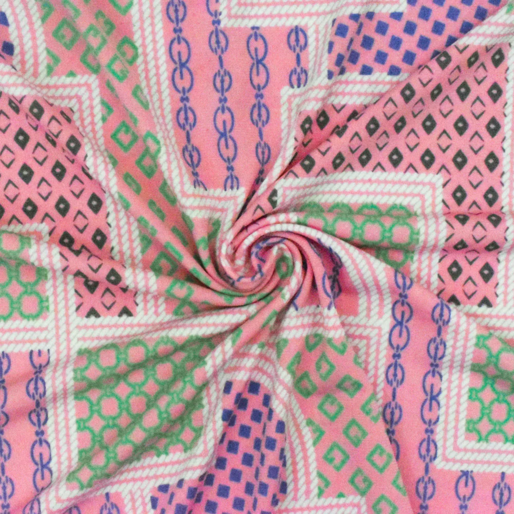 Boho Pink-White-Multi Frame Printed Stretch Polyester ITY Knit Fabric - Image 2