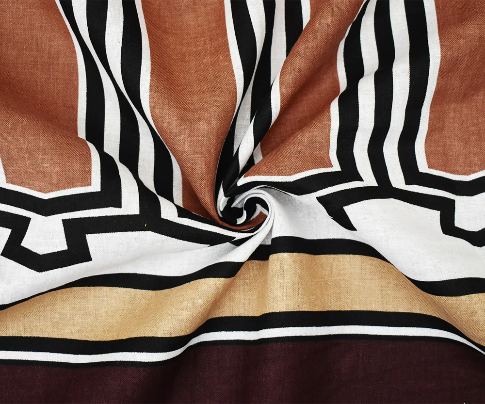 Brown-Beige-Multi Abstract Aztec Pattern Printed Linen Woven Fabric - Image 3