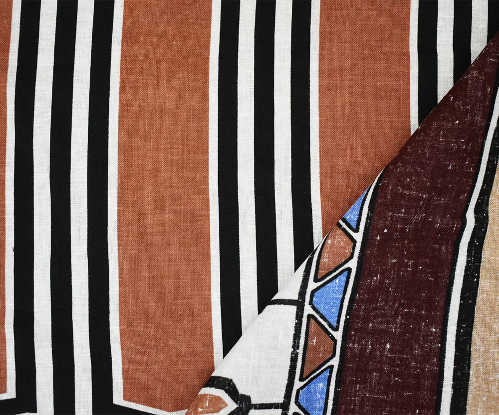 Brown-Beige-Multi Abstract Aztec Pattern Printed Linen Woven Fabric - Image 4