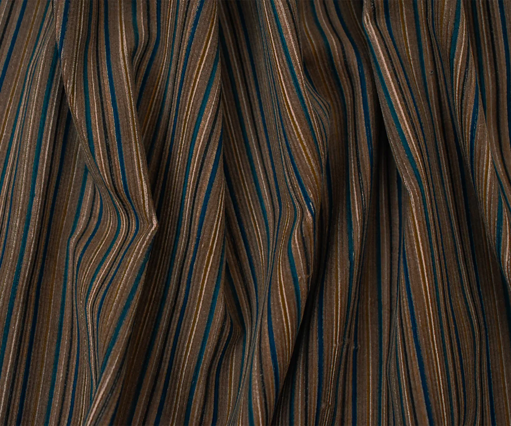 Brown-Blue-Multi Polyester Stripe Printed Corduroy Woven Fabric - Image 2