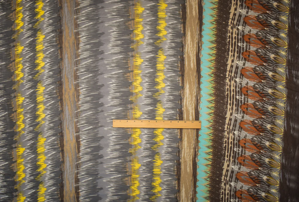 Brown-Gray-Multi Abstract Aztec Border Print Stretch Silk Jersey Knit Fabric - Image 3