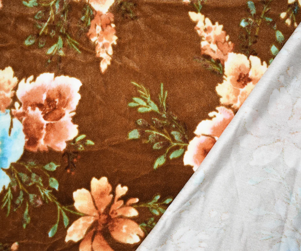 Brown-Multi Poly Stretch Spandex Floral Print Velvet Knit Fabric - Image 2