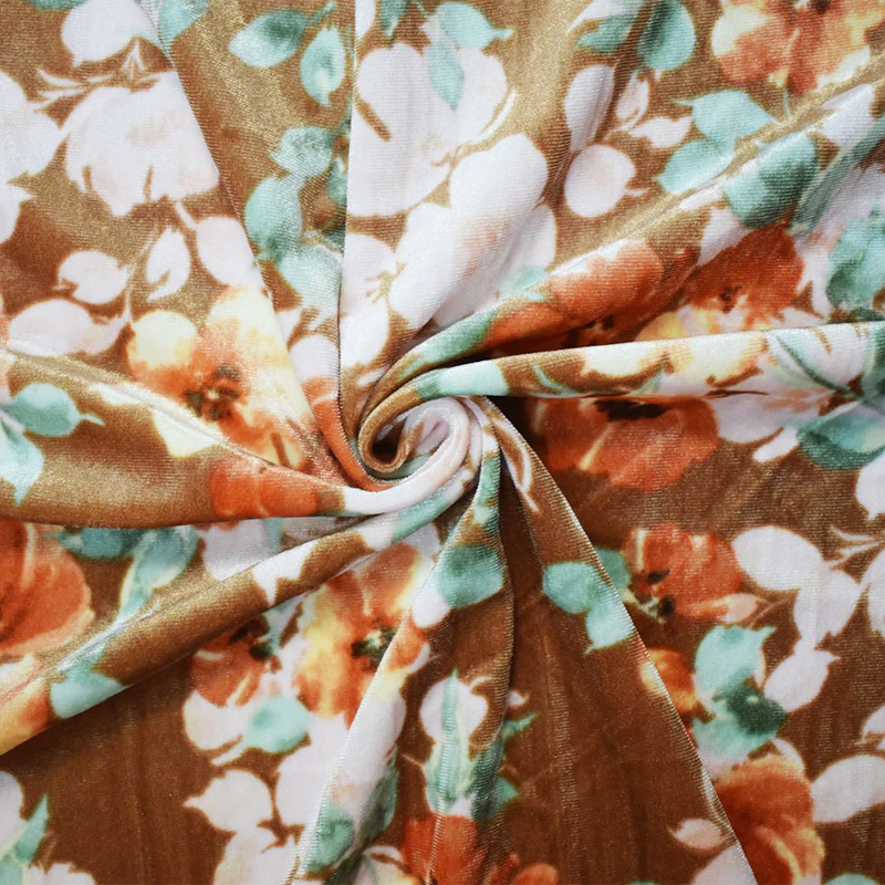 Brown-Multi Poly Stretch Spandex Floral Print Velvet Knit Fabric