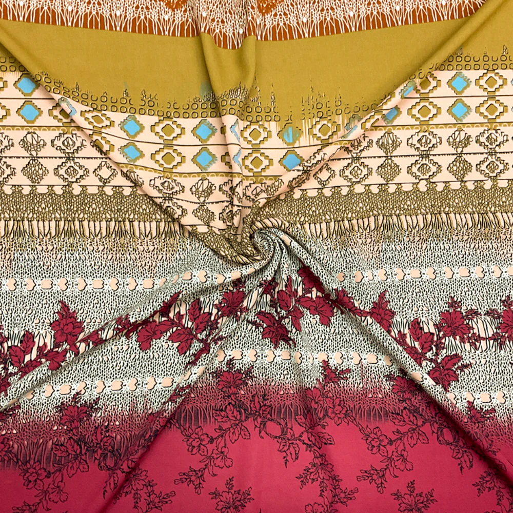 Brown-Red-Multi Poly Stripe Multi Pattern Printed Georgette Woven Fabric