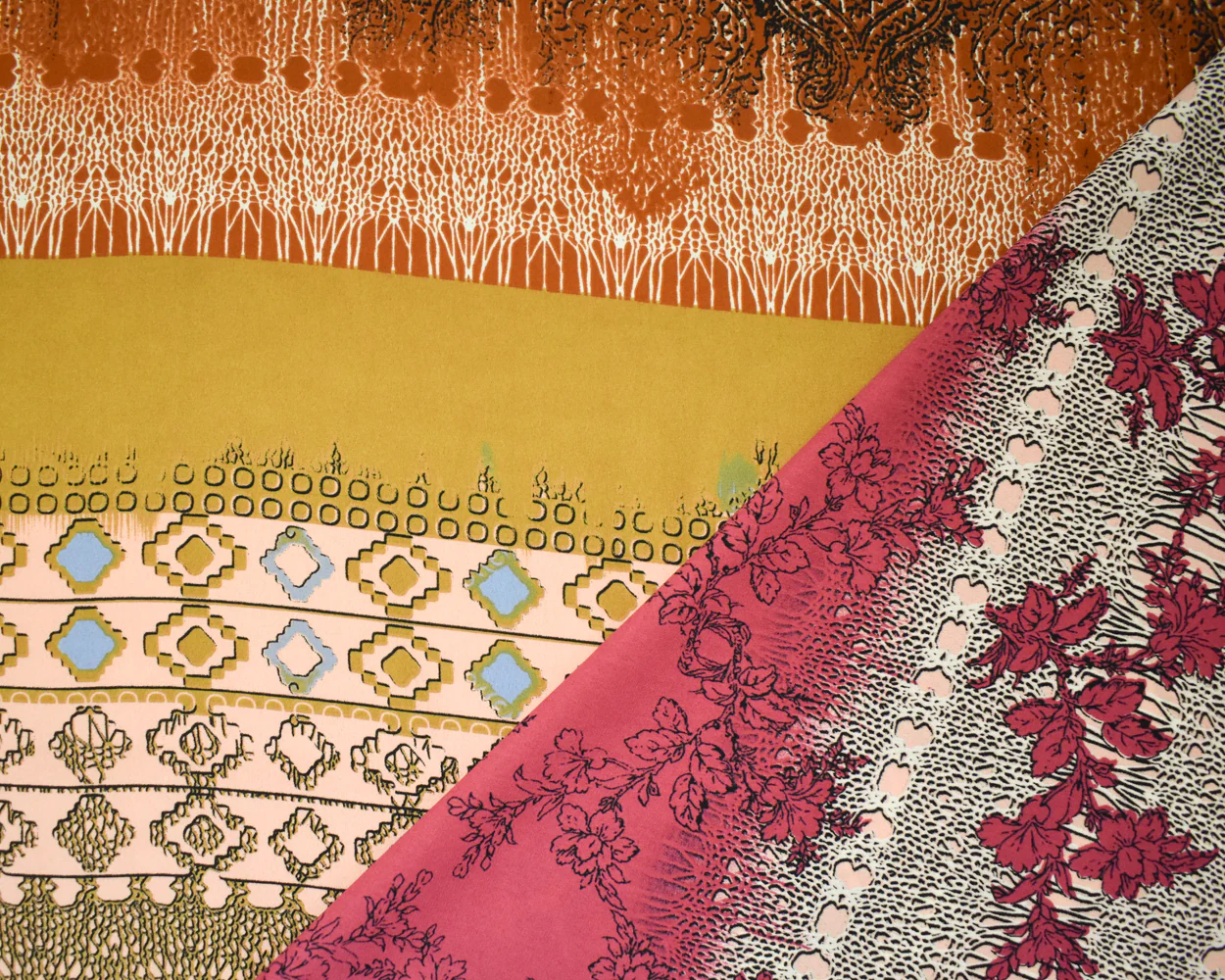 Brown-Red-Multi Poly Stripe Multi Pattern Printed Georgette Woven Fabric - Image 3