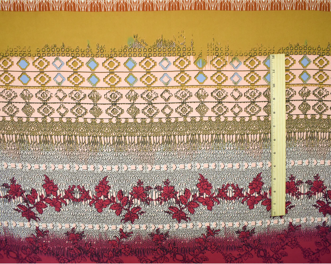 Brown-Red-Multi Poly Stripe Multi Pattern Printed Georgette Woven Fabric - Image 4