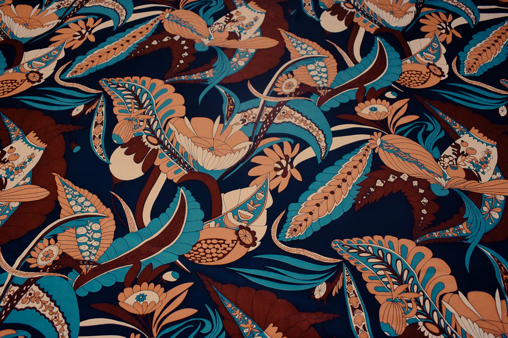 Brown-Teal-Multi Leaves Pattern Printed Stretch Silk Jersey Knit Fabric - Image 2