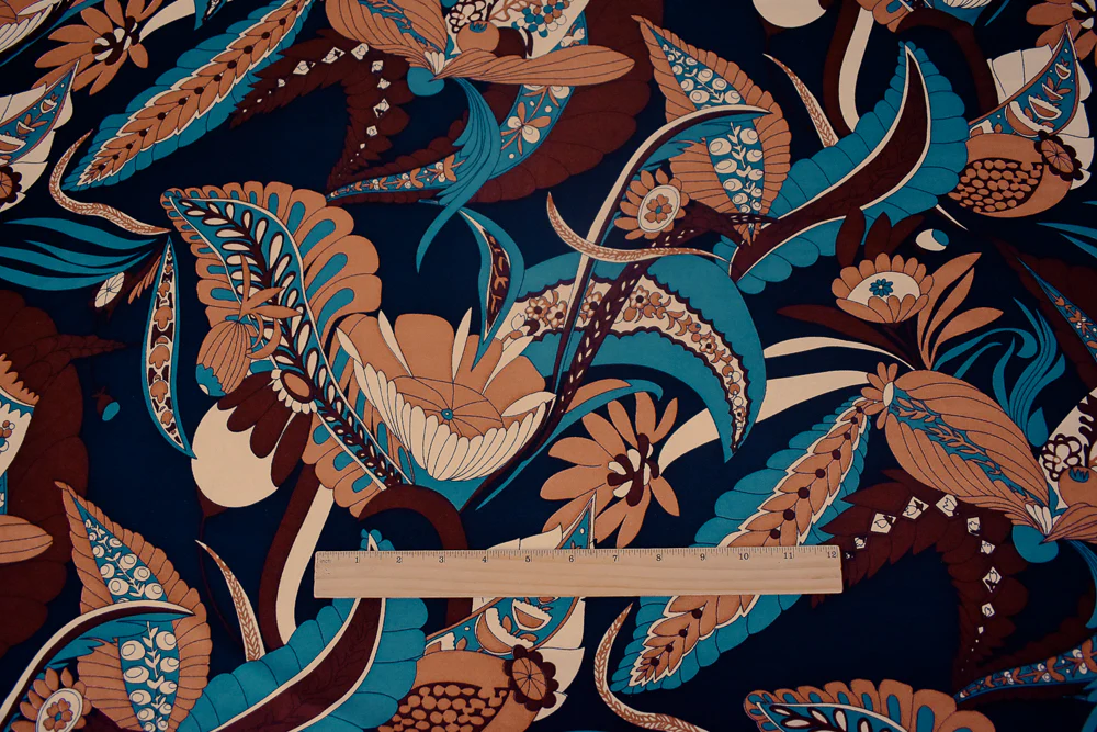 Brown-Teal-Multi Leaves Pattern Printed Stretch Silk Jersey Knit Fabric - Image 4