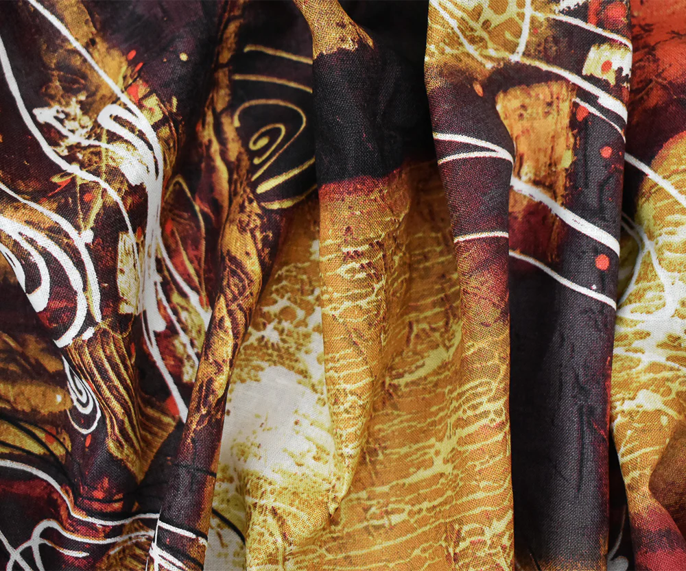 Brown-Yellow-Multi Abstract Art Printed Linen Woven Fabric - Image 2