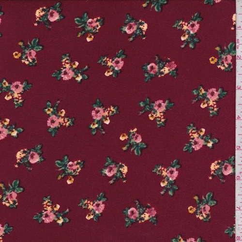 Burgundy Floral Cluster Double Brushed Jersey Knit Fabric