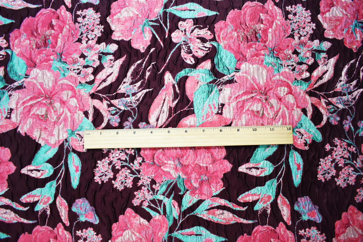 Burgundy-Pink Floral Jacquard Matelasse Brocade Woven Fabric - Image 5