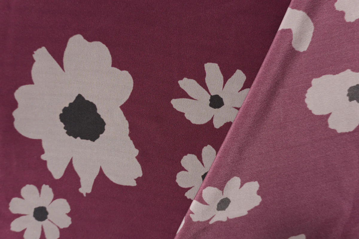 Burgundy Silk Floral Printed Matte Crepe De Chine Woven Fabric - Image 2