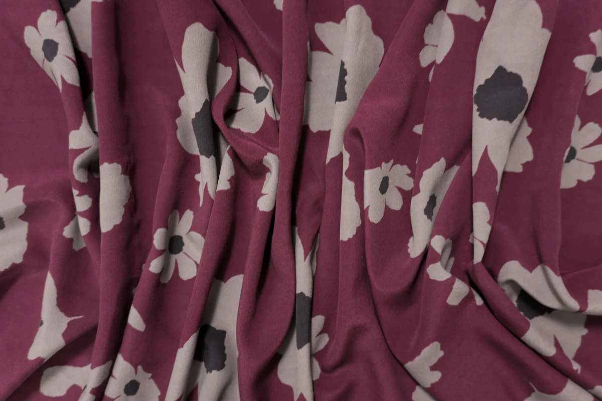 Burgundy Silk Floral Printed Matte Crepe De Chine Woven Fabric - Image 3