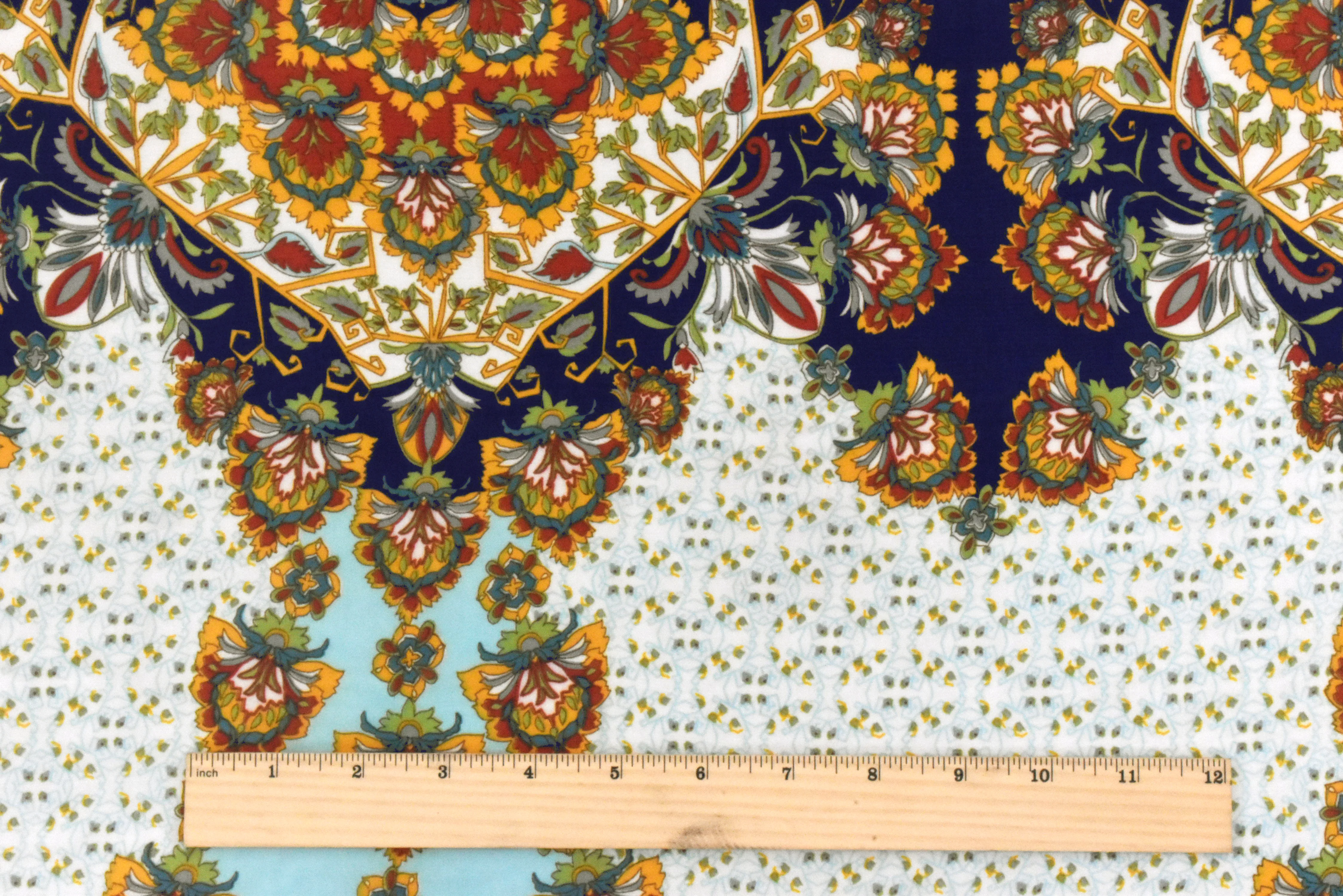 Clean Teal-Blue-Multi Moroccan Floral Border Poly Chiffon Woven Fabric - Image 4