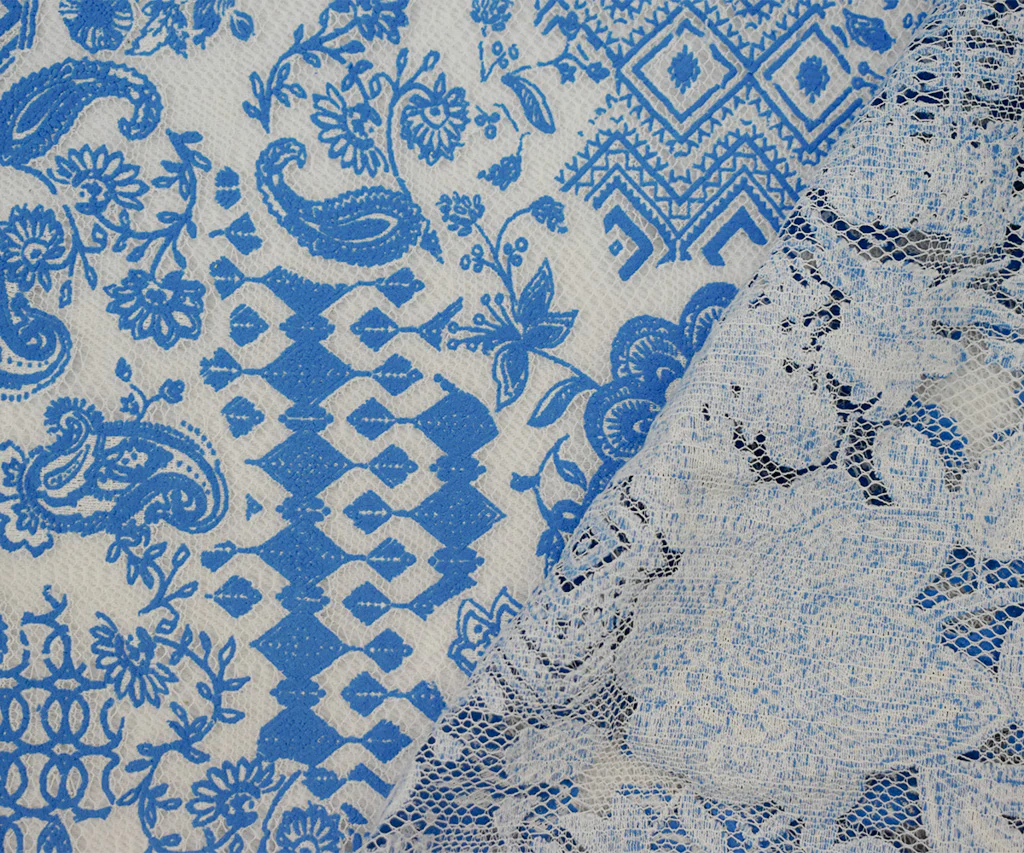 Cobalt Blue-White Poly Cotton Floral Multi Pattern Lace Mesh Knit Fabric - Image 2