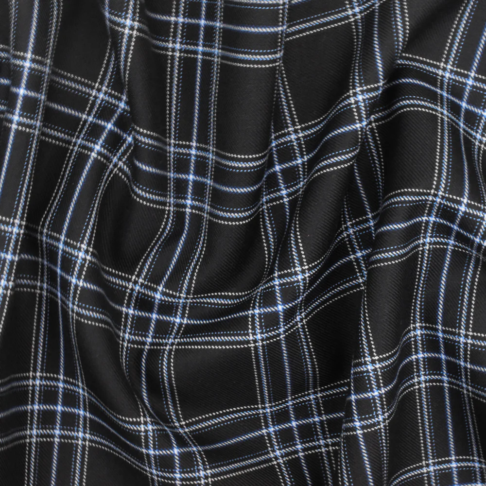 Cold Black-Blue-Multi Plaid Poly-Wool Twill Woven Fabric - Image 3