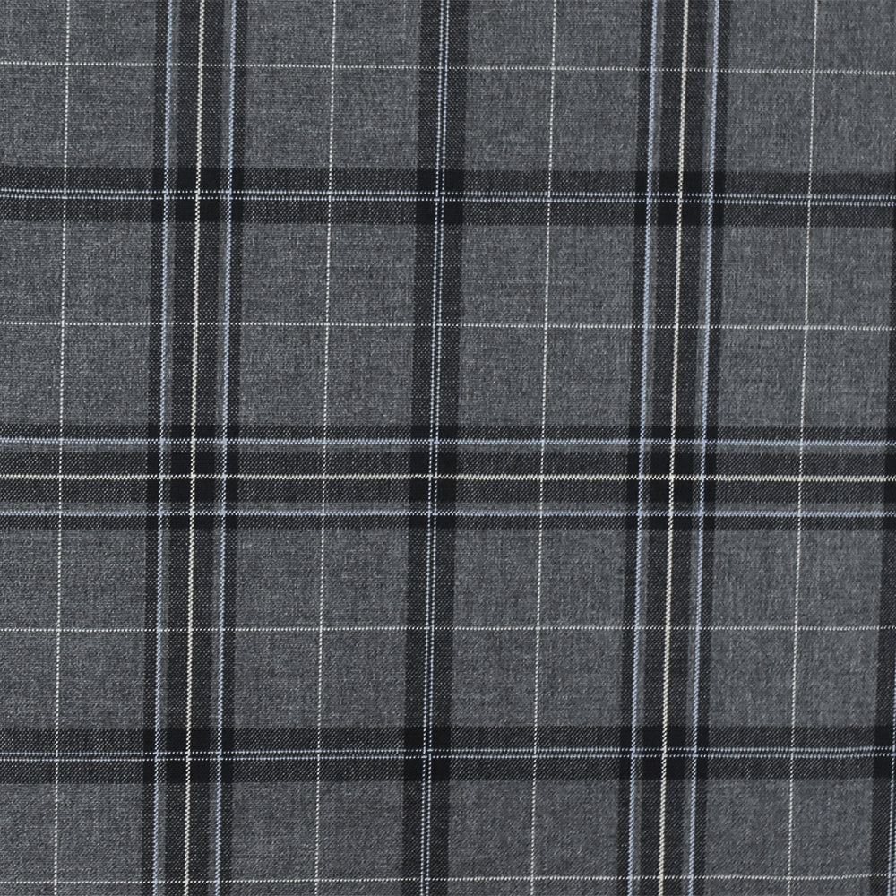 Cool Gray-Blue-Multi Plaid Wool-Poly Woven Suiting Fabric
