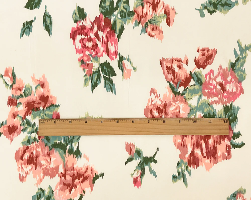 Coral-Multi Poly Stretch Floral Ikat Print DB Jersey Knit Fabric - Image 4