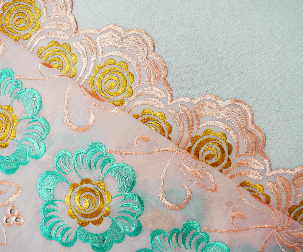 Coral Orange-Multi Poly Embroidered Floral Scallop Rhinestone Woven Fabric - Image 2