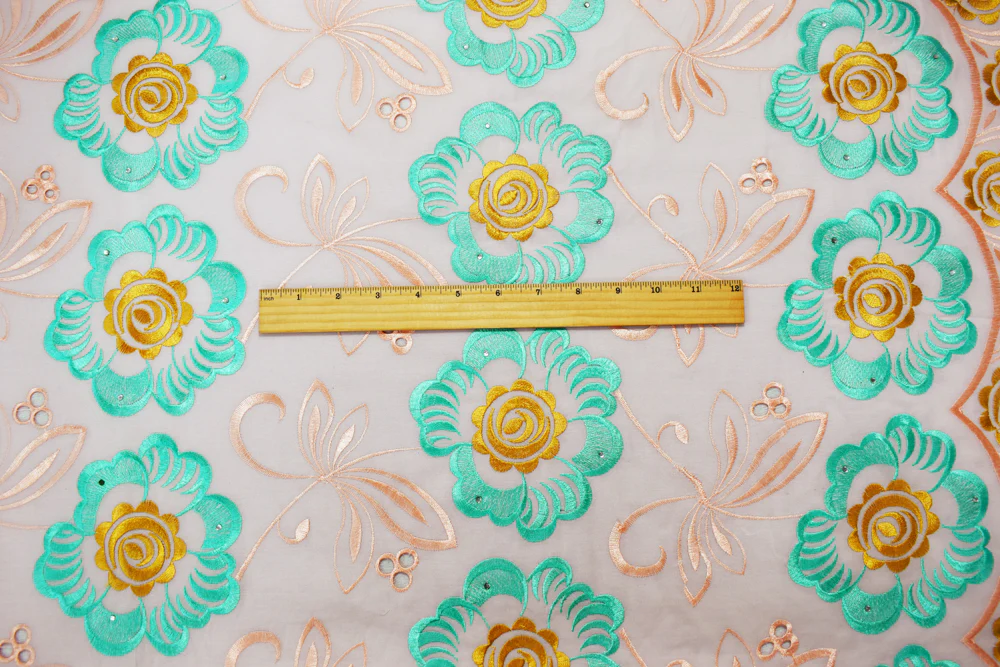 Coral Orange-Multi Poly Embroidered Floral Scallop Rhinestone Woven Fabric - Image 4