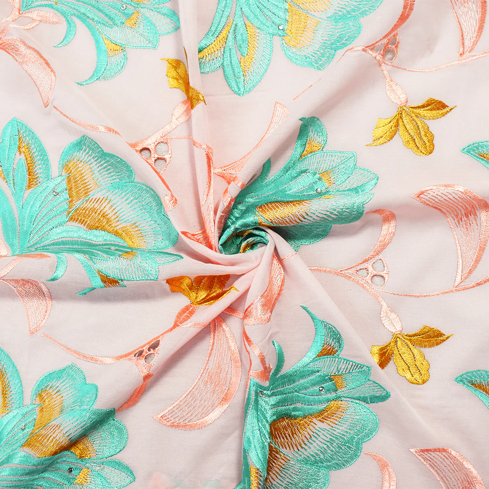 Coral Orange-Teal-Multi Poly-Cotton Floral Vine Embroidery Scallop Woven Fabric - Image 2