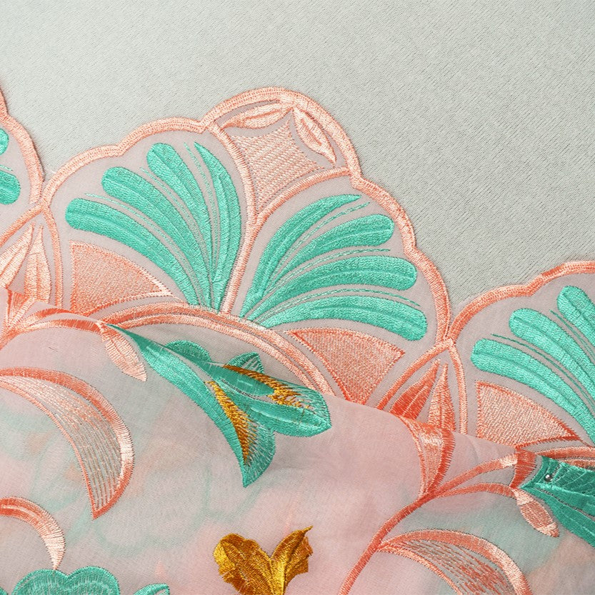 Coral Orange-Teal-Multi Poly-Cotton Floral Vine Embroidery Scallop Woven Fabric - Image 3