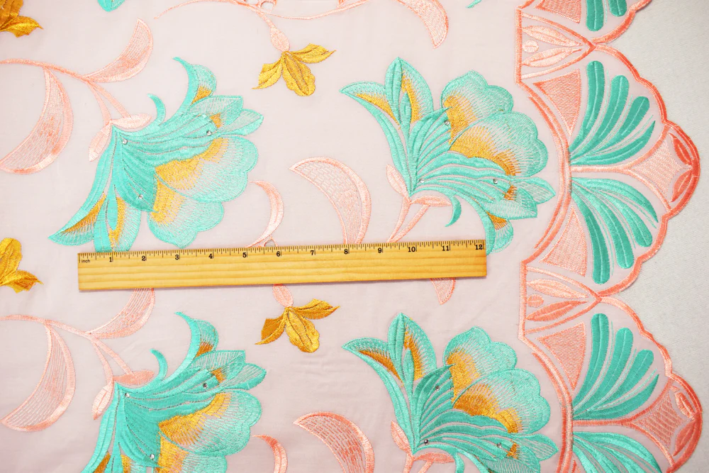 Coral Orange-Teal-Multi Poly-Cotton Floral Vine Embroidery Scallop Woven Fabric - Image 4