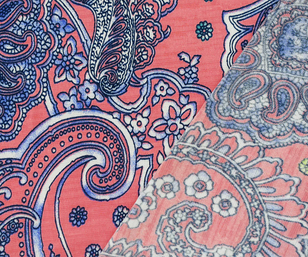 Coral Pink-Blue-Multi Nylon Stretch Spandex Baroque Printed ITY Knit Fabric - Image 2