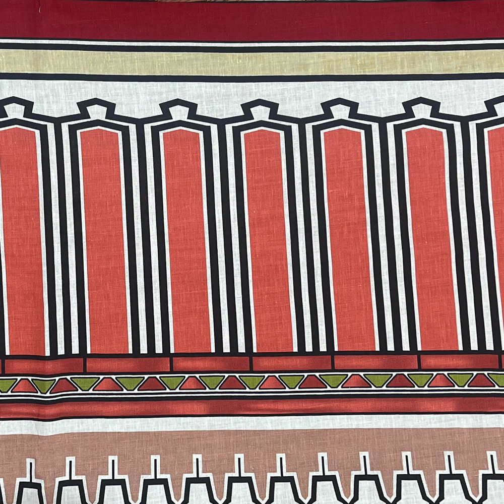 Coral Red-Black-Multi Aztec Pattern Printed Linen Woven Fabric